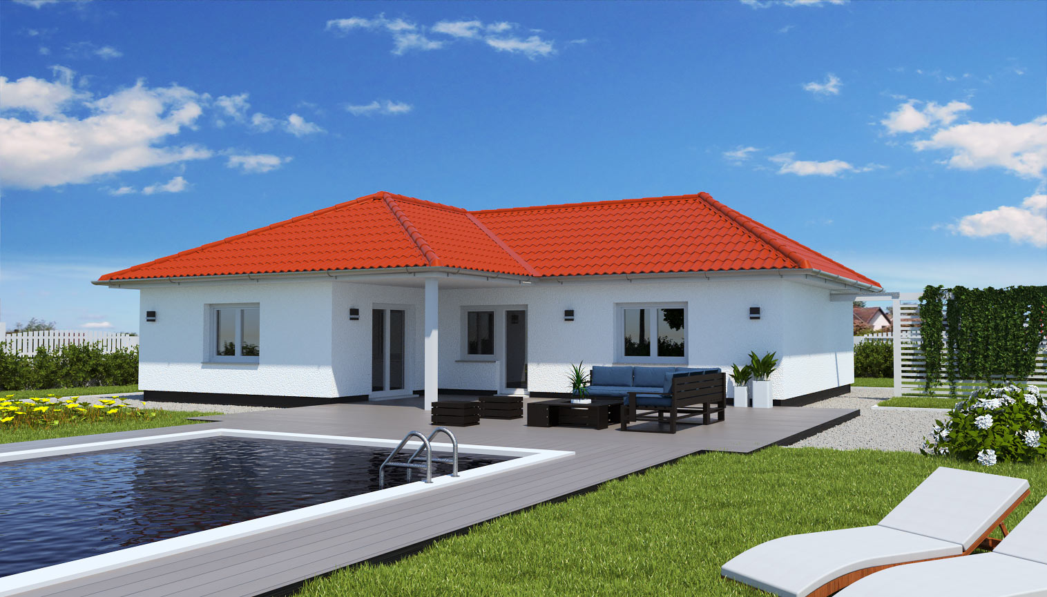 EWA-Bungalow Darß 115qm Massivhausbau Leipzig Halle Wittenberg Rückansicht rotes Dach