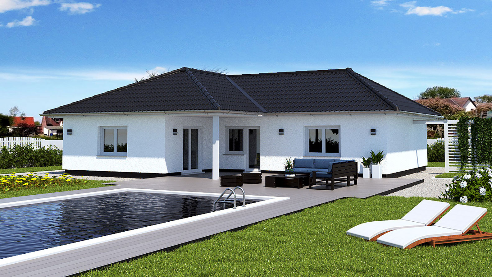EWA-Bungalow Darss 115qm Massivhausbau Leipzig Halle Wittenberg Rückansicht