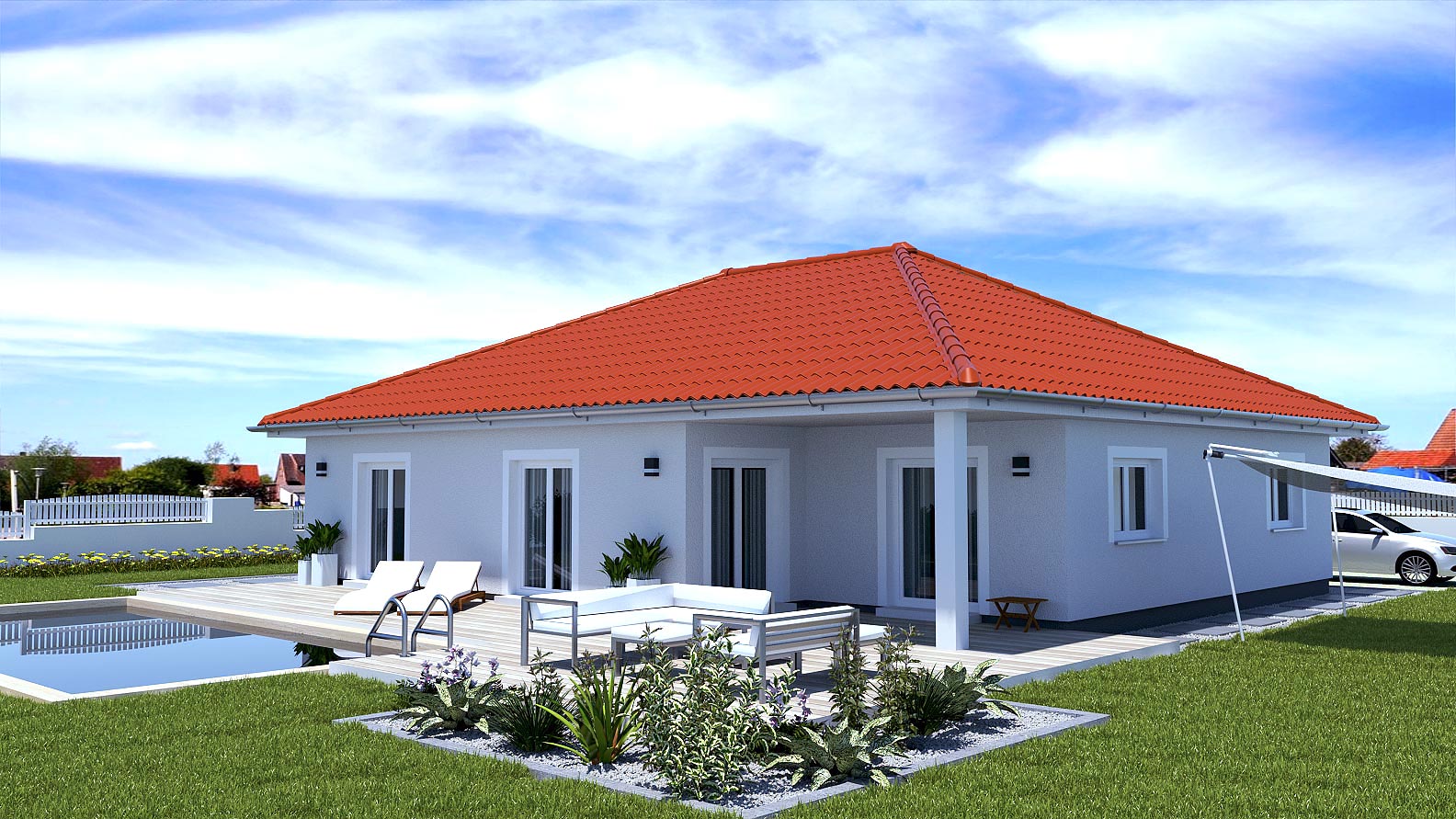 EWA-Bungalow-Müritz-130qm-Hausbau-Berlin-Brandenburg-Magdeburg-Rückansicht-rotes-Dach EWA-Bungalow Müritz 130qm Hausbau Berlin Brandenburg Magdeburg Rückansicht rotes Dach