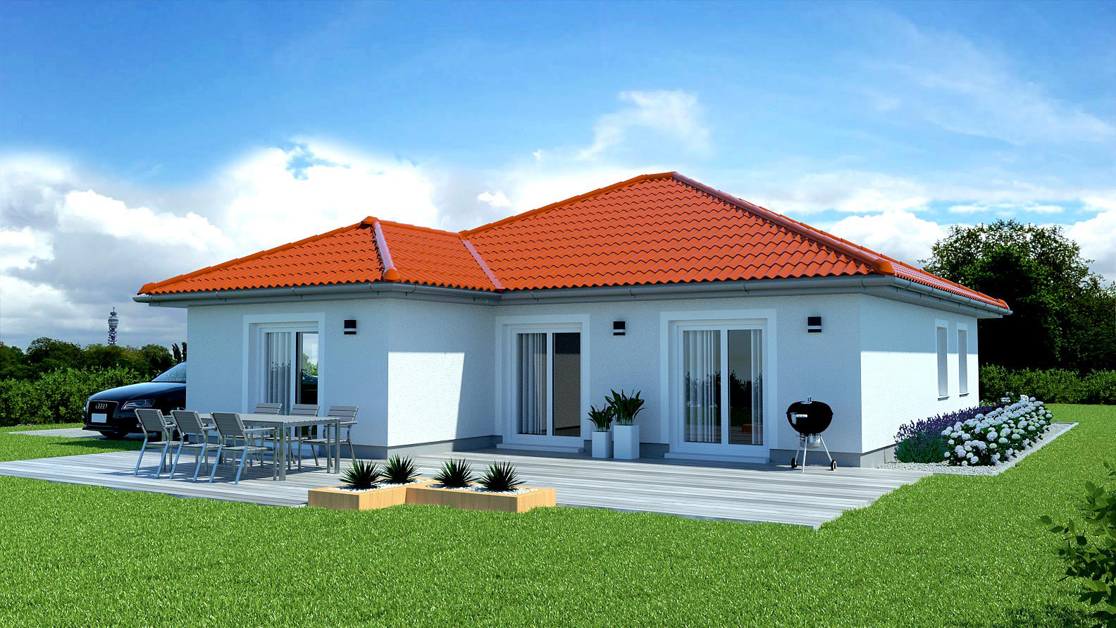 EWA-Bungalow Sylt 123qm Massivhausbau Leipzig Halle Wittenberg Rückansicht rotes Dach