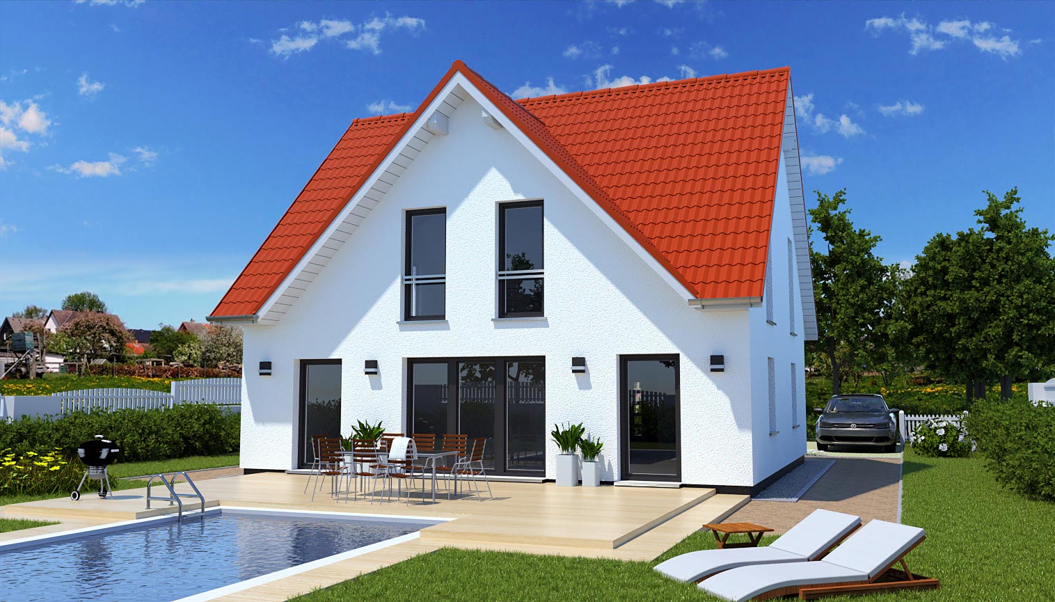 EWA-Landhaus Teltow 164qm Hausbau Berlin Brandenburg Potsdam Rückansicht rotes Dach