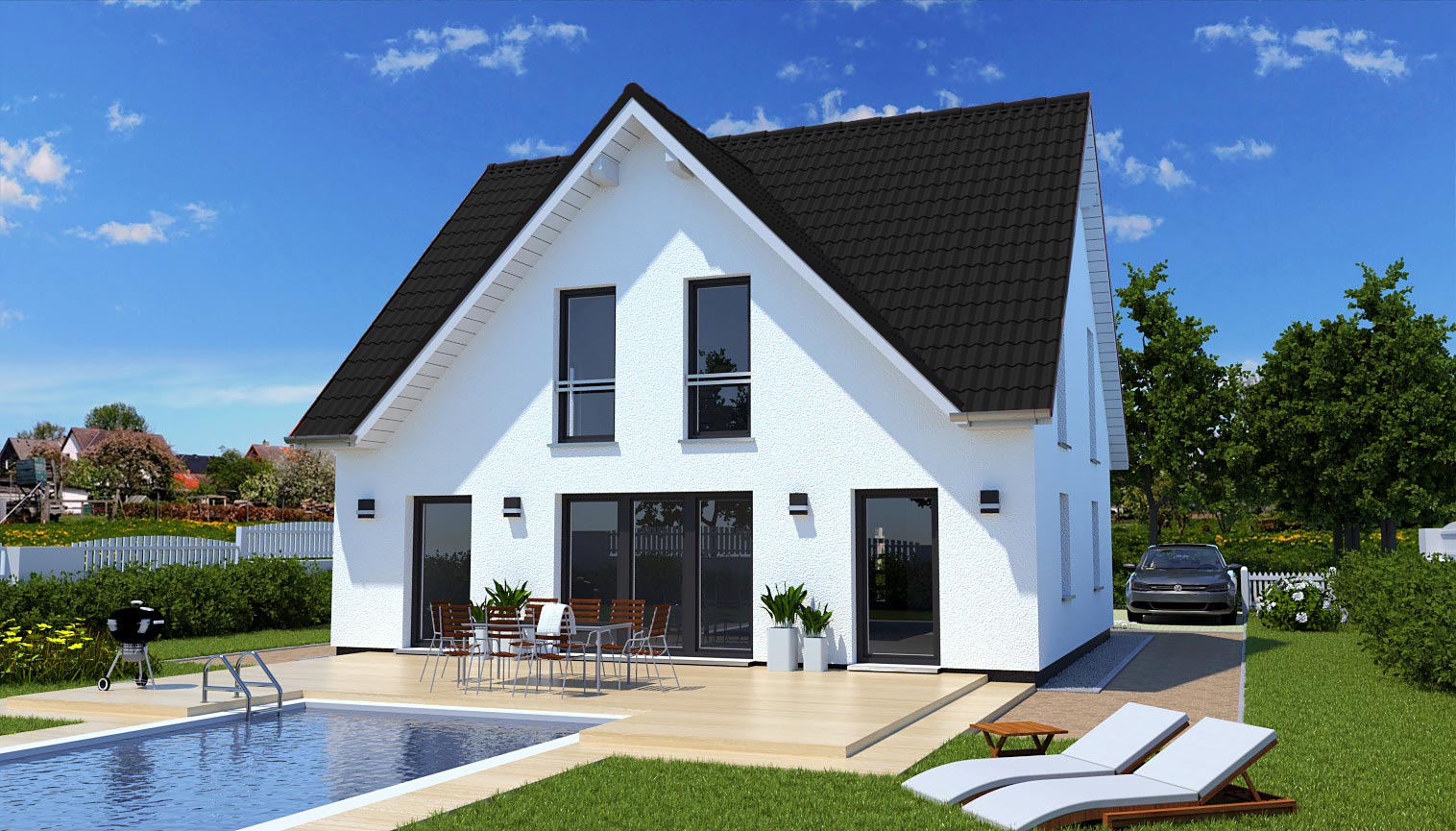 EWA-Landhaus Teltow 164qm Hausbau Berlin Brandenburg Potsdam Rückansicht