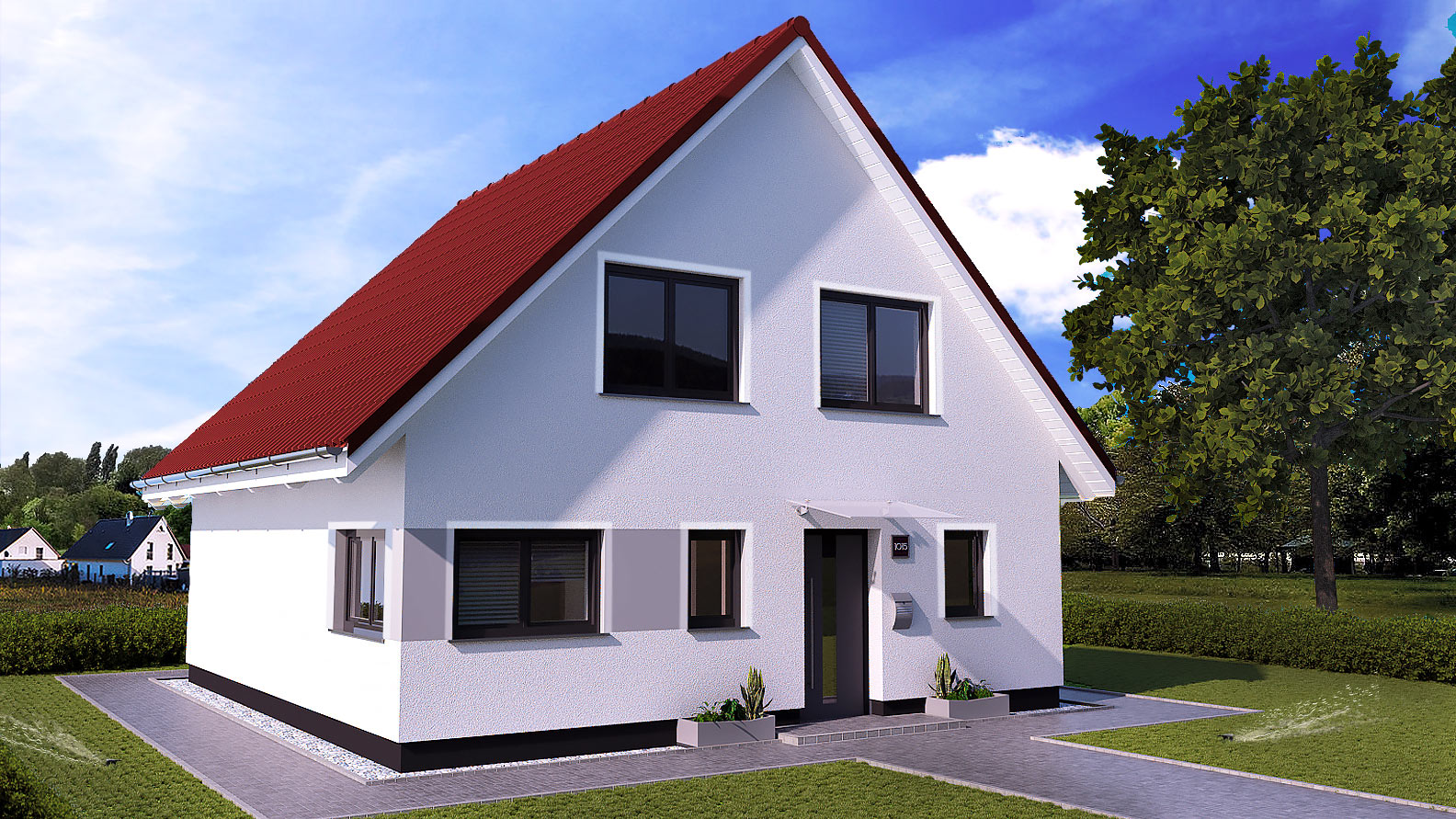 EWA-Landhaus Uckermark 130qm Hausbau Berlin Brandenburg Magdeburg Vorderansicht rotes Dach