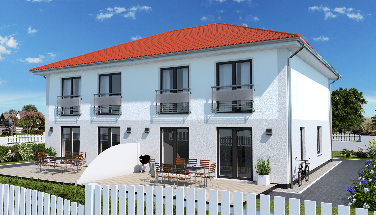 EWA-Doppelhaus Werder 254qm Hausbau Berlin Brandenburg Potsdam Rückansicht rotes Dach