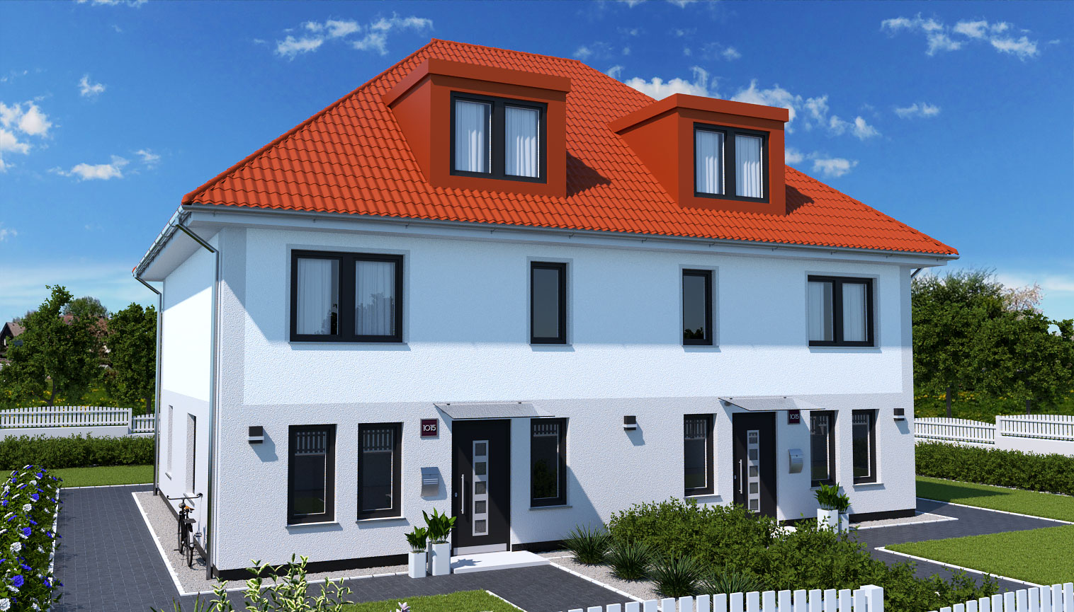 EWA-Doppelhaus-Werder-Exklusiv-344qm-Hausbau-Berlin-Brandenburg-Potsdam-Vorderansicht-rotes-Dach EWA-Doppelhaus Werder Exklusiv 344qm Hausbau Berlin Brandenburg Potsdam Vorderansicht rotes Dach