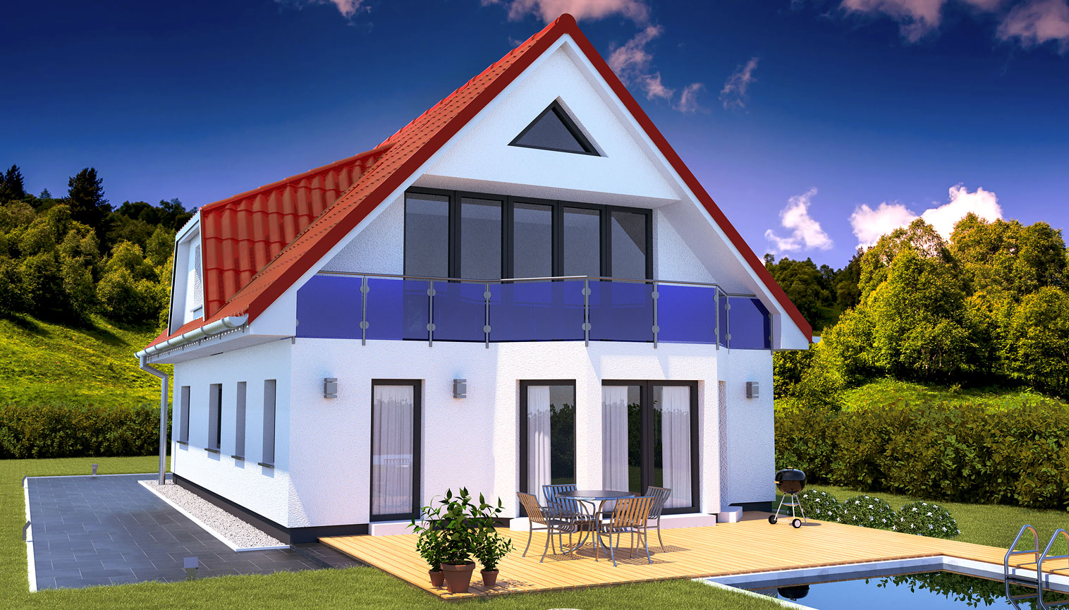 EWA-Zweifamilienhaus Großbeeren 202qm Hausbau Berlin Brandenburg Magdeburg Rückansicht rotes Dach