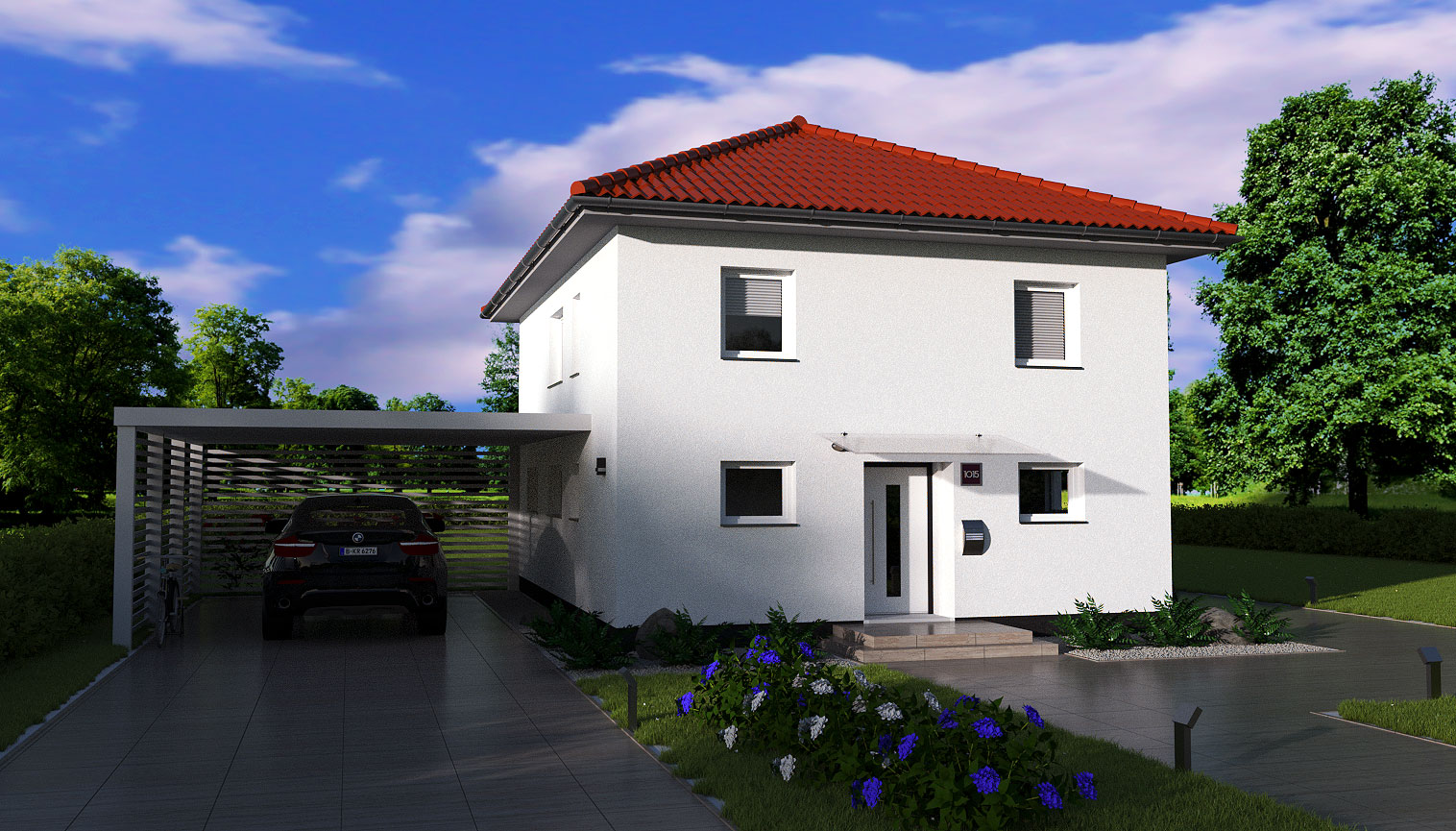 EWA-Stadtvilla-Halle-153qm-Hausbau-Berlin-Brandenburg-Magdeburg-Vorderansicht-rotes-Dach EWA-Stadtvilla Halle 153qm Hausbau Berlin Brandenburg Magdeburg Vorderansicht rotes Dach