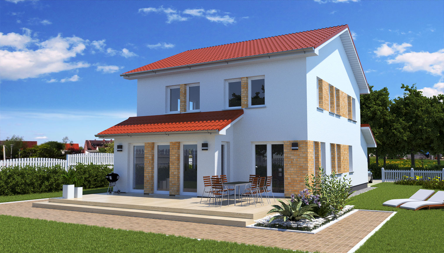 EWA-Stadtvilla Hamburg SD 156qm Hausbau Berlin Brandenburg Magdeburg Rückseite weiße Fensterrahmen