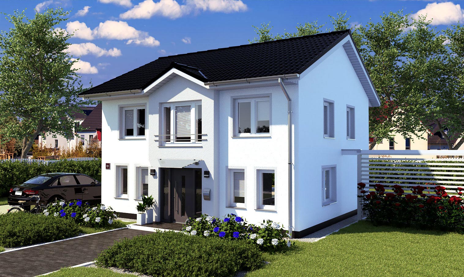 EWA-Stadtvilla-Lichterfelde-SD-163qm-Massivhausbau-Leipzig-Halle-Wittenberg-Vorderansicht-weiße-Fensterrahmen EWA-Stadtvilla Lichterfelde SD 163qm Massivhausbau Leipzig Halle Wittenberg Vorderansicht weiße Fensterrahmen