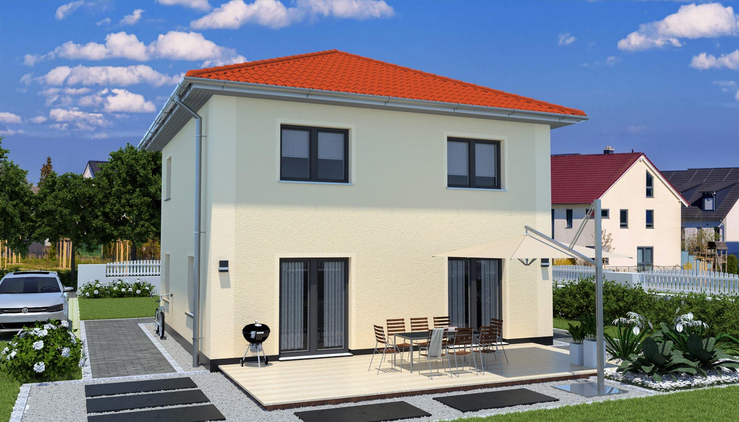 EWA-Stadtvilla-Magdeburg-130qm-Hausbau-Berlin-Brandenburg-Magdeburg-Rückansicht-rotes-Dach EWA-Stadtvilla Magdeburg 130qm Hausbau Berlin Brandenburg Magdeburg Rückansicht rotes Dach