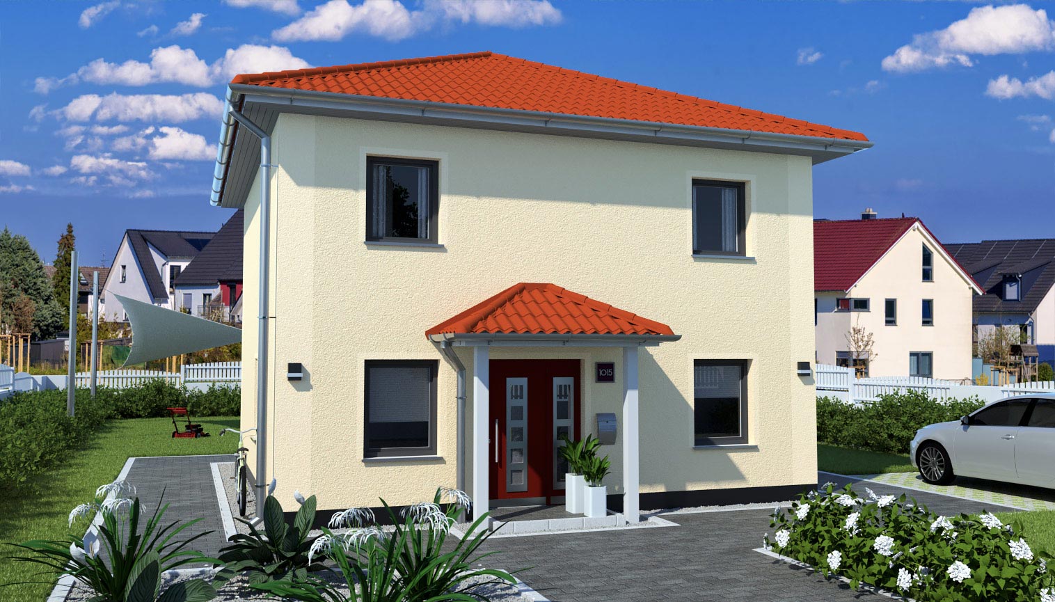 EWA-Stadtvilla-Magdeburg-130qm-Hausbau-Berlin-Brandenburg-Magdeburg-Vorderansicht-rotes-Dach EWA-Stadtvilla Magdeburg 130qm Hausbau Berlin Brandenburg Magdeburg Vorderansicht rotes Dach