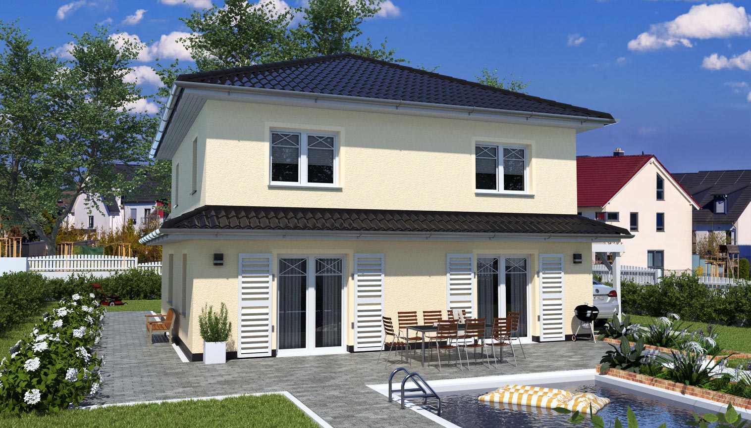 EWA-Stadtvilla Mediterran 151qm Hausbau Berlin Brandenburg Potsdam Rückansicht