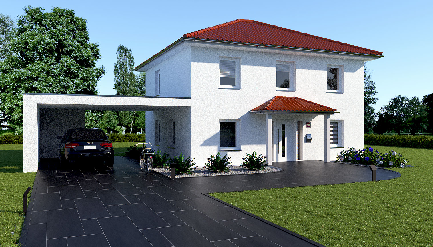 EWA-Stadtvilla Potsdam 143qm Hausbau Berlin Brandenburg Potsdam Vorderansicht rotes Dach