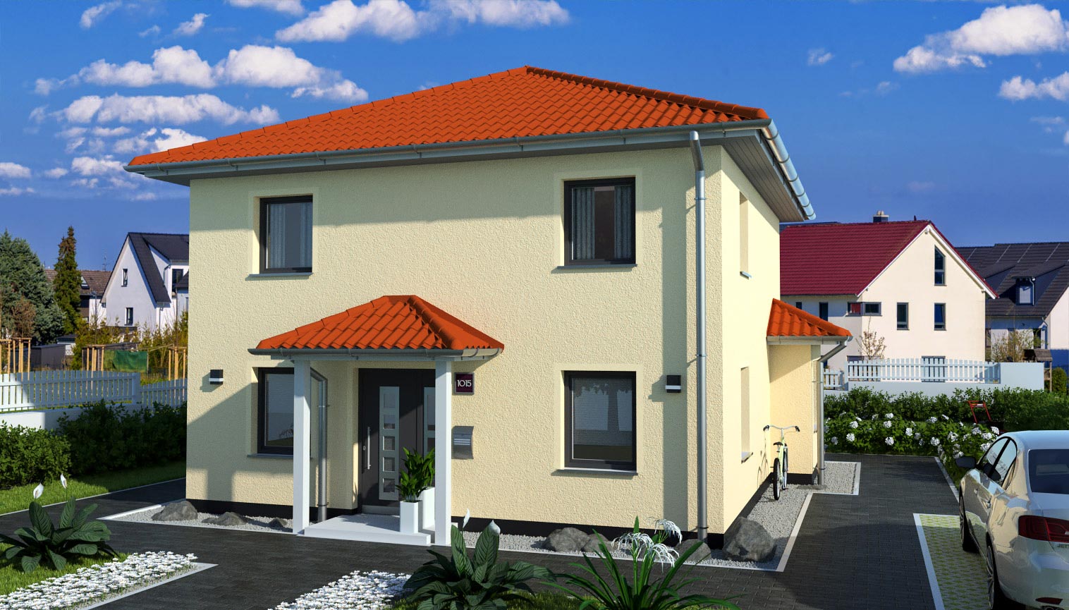 EWA-Stadtvilla-Toskana-136qm-Hausbau-Berlin-Brandenburg-Potsdam-Vorderansicht-rotes-Dach EWA-Stadtvilla Toskana 136qm Hausbau Berlin Brandenburg Potsdam Vorderansicht rotes Dach